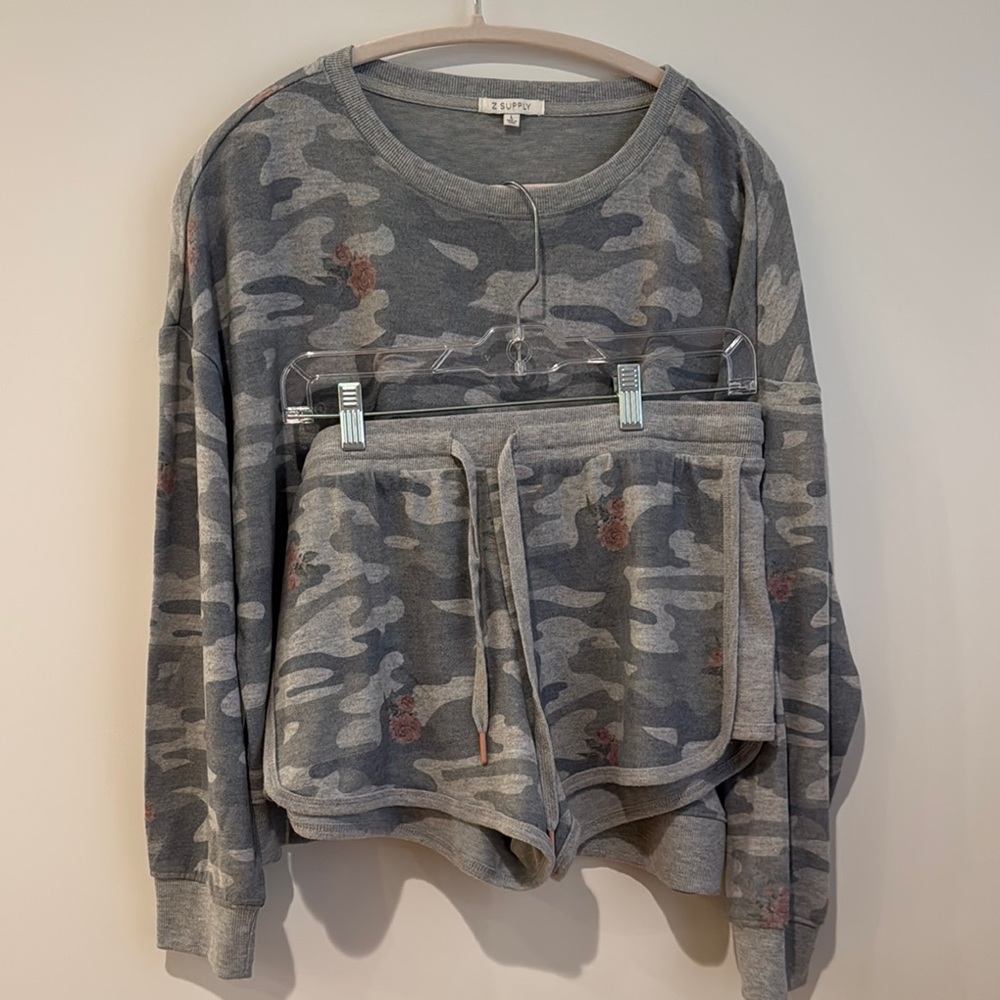 Z Supply Gray Camo Sweatshirt and Shorts Set